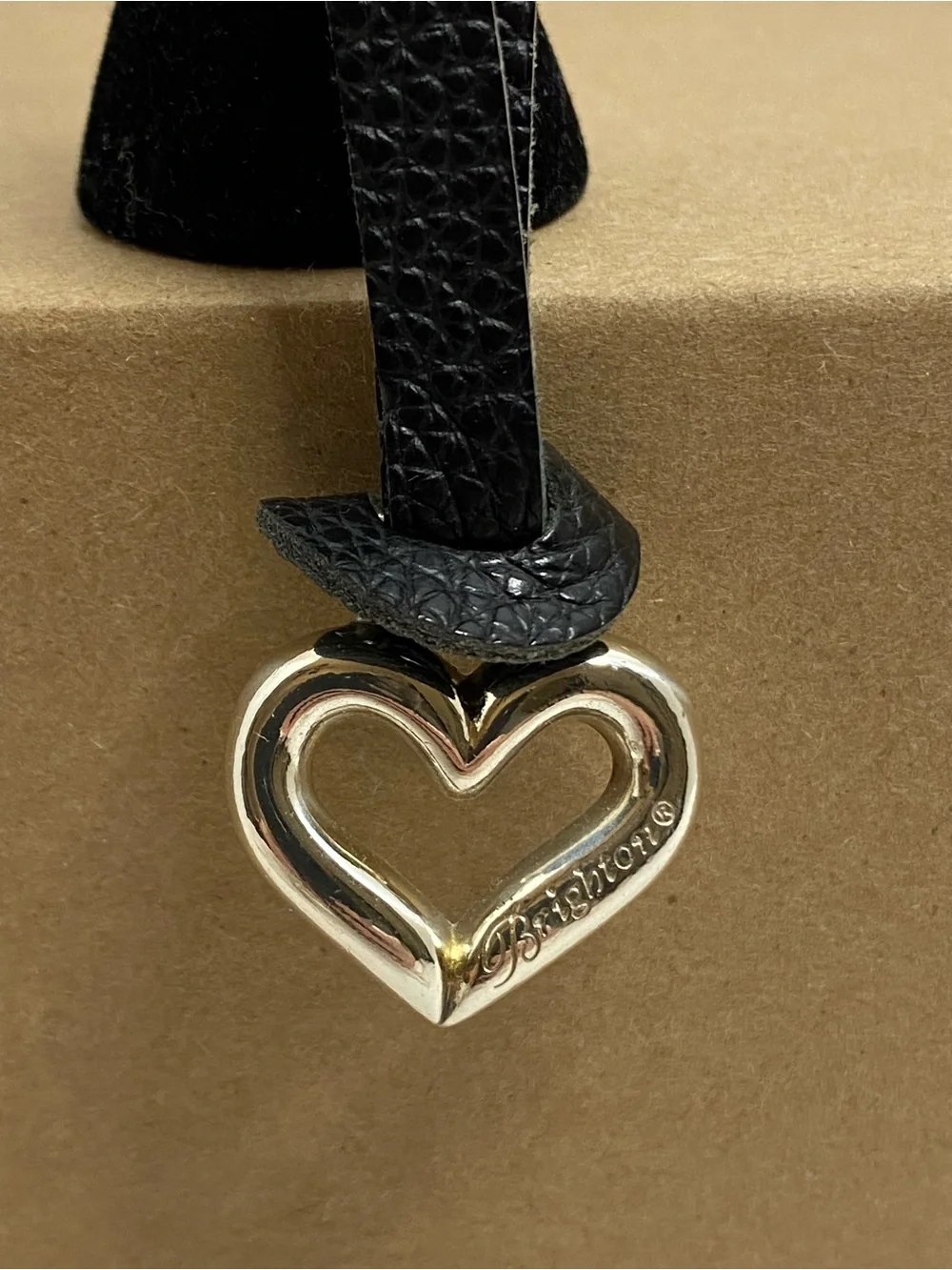 Brighton Heart Key Chain Charm Fob Black Pebbled Leather Silver Tone